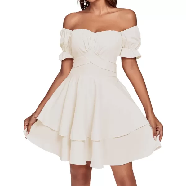 LYANER Women's Tie Back Off Shoulder Wrap Layer Ruffle Short Sleeve Mini Dress
