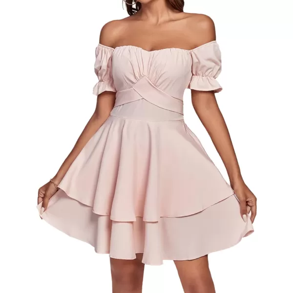 LYANER Women's Tie Back Off Shoulder Wrap Layer Ruffle Short Sleeve Mini Dress