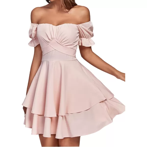 LYANER Women's Tie Back Off Shoulder Wrap Layer Ruffle Short Sleeve Mini Dress