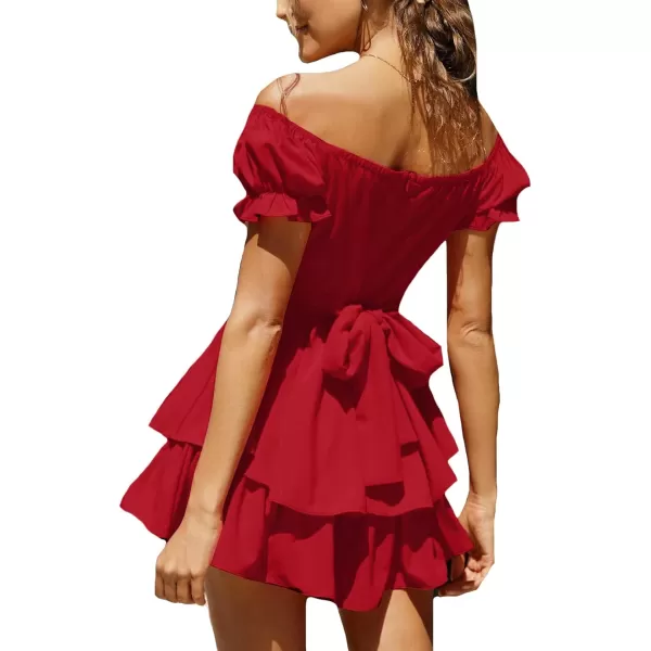 LYANER Women's Tie Back Off Shoulder Wrap Layer Ruffle Short Sleeve Mini Dress