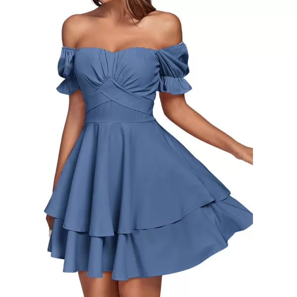 LYANER Women's Tie Back Off Shoulder Wrap Layer Ruffle Short Sleeve Mini Dress