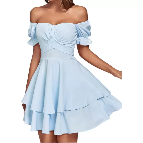 LYANER Women's Tie Back Off Shoulder Wrap Layer Ruffle Short Sleeve Mini Dress