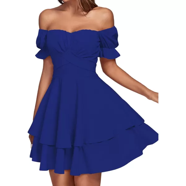 LYANER Women's Tie Back Off Shoulder Wrap Layer Ruffle Short Sleeve Mini Dress