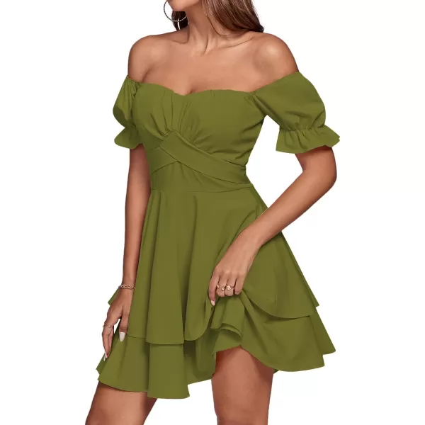 LYANER Women's Tie Back Off Shoulder Wrap Layer Ruffle Short Sleeve Mini Dress