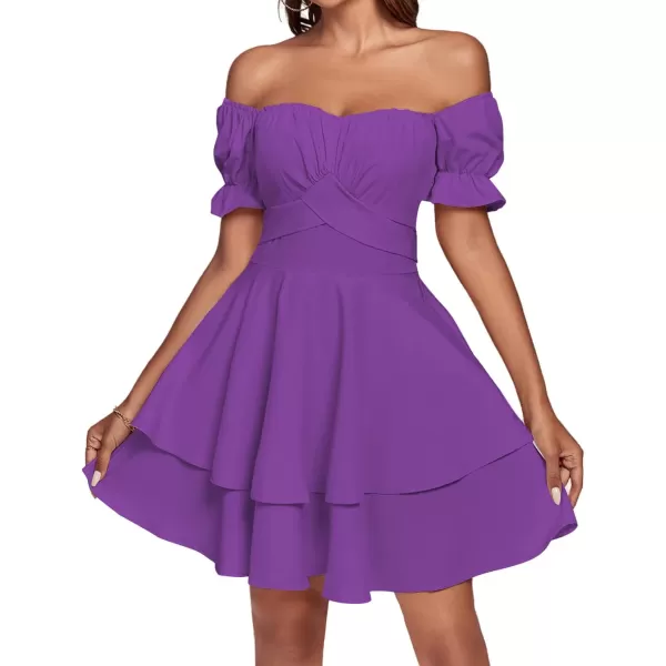 LYANER Women's Tie Back Off Shoulder Wrap Layer Ruffle Short Sleeve Mini Dress