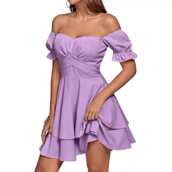 LYANER Women's Tie Back Off Shoulder Wrap Layer Ruffle Short Sleeve Mini Dress