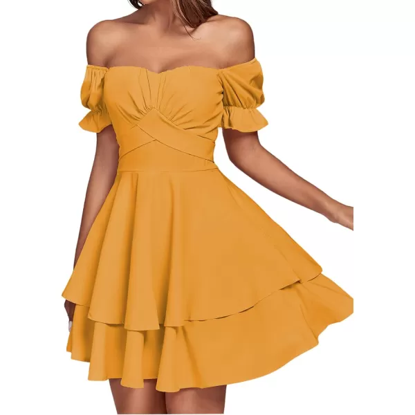 LYANER Women's Tie Back Off Shoulder Wrap Layer Ruffle Short Sleeve Mini Dress