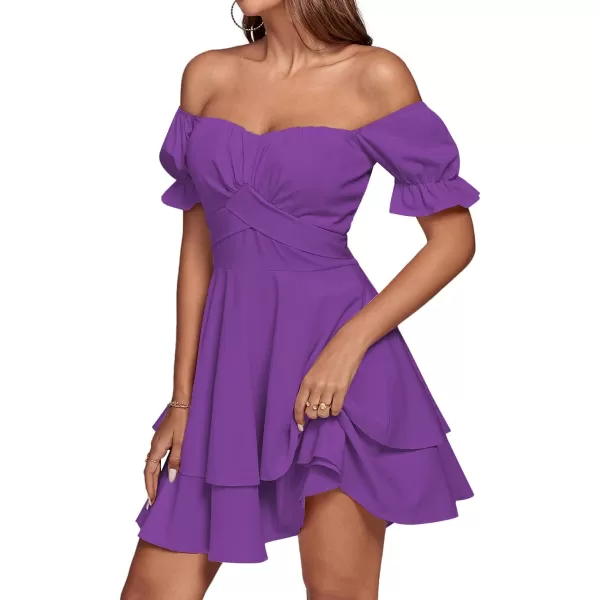 LYANER Women's Tie Back Off Shoulder Wrap Layer Ruffle Short Sleeve Mini Dress