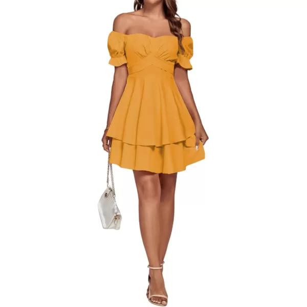 LYANER Women's Tie Back Off Shoulder Wrap Layer Ruffle Short Sleeve Mini Dress