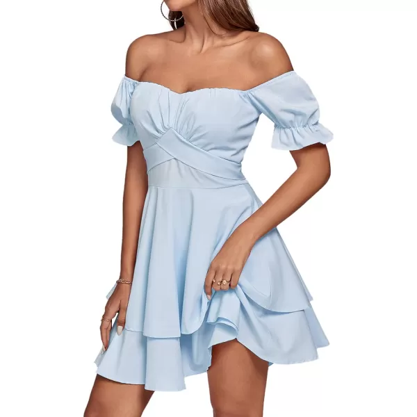 LYANER Women's Tie Back Off Shoulder Wrap Layer Ruffle Short Sleeve Mini Dress