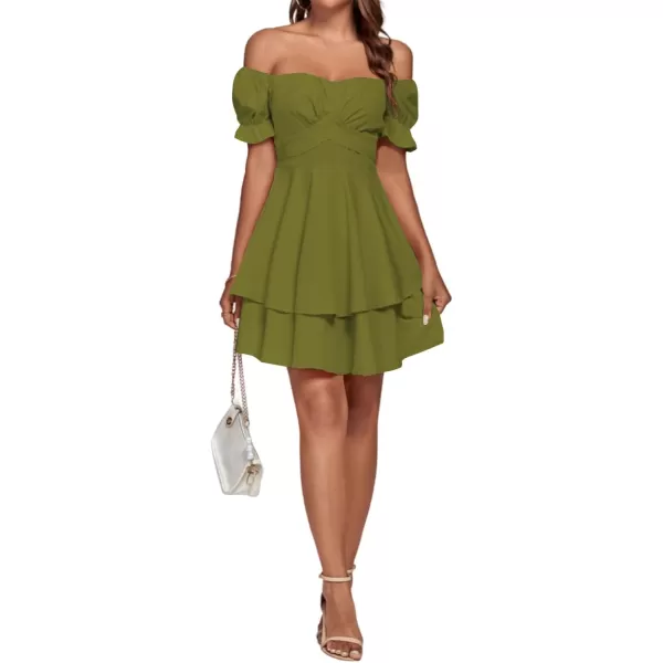 LYANER Women's Tie Back Off Shoulder Wrap Layer Ruffle Short Sleeve Mini Dress