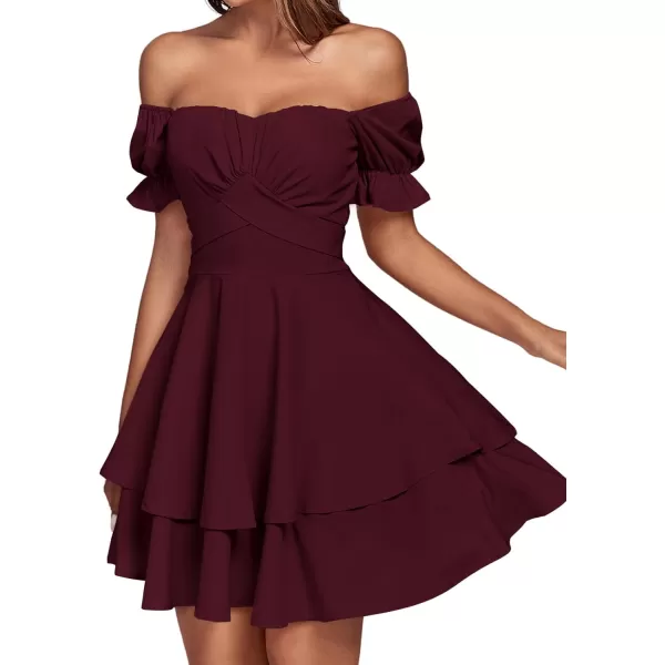 LYANER Women's Tie Back Off Shoulder Wrap Layer Ruffle Short Sleeve Mini Dress