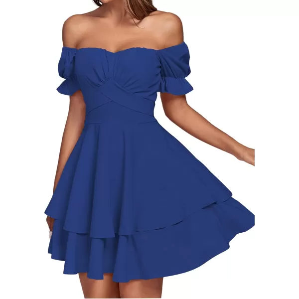 LYANER Women's Tie Back Off Shoulder Wrap Layer Ruffle Short Sleeve Mini Dress