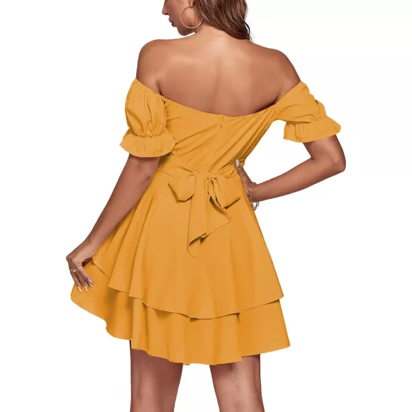 LYANER Women's Tie Back Off Shoulder Wrap Layer Ruffle Short Sleeve Mini Dress