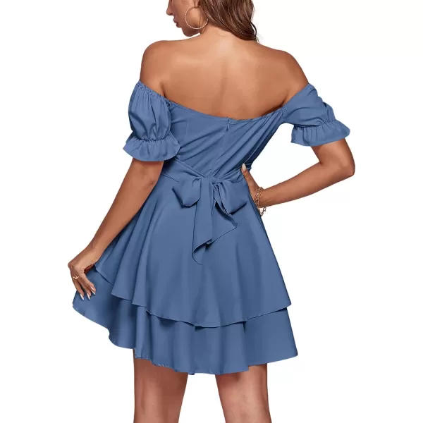 LYANER Women's Tie Back Off Shoulder Wrap Layer Ruffle Short Sleeve Mini Dress