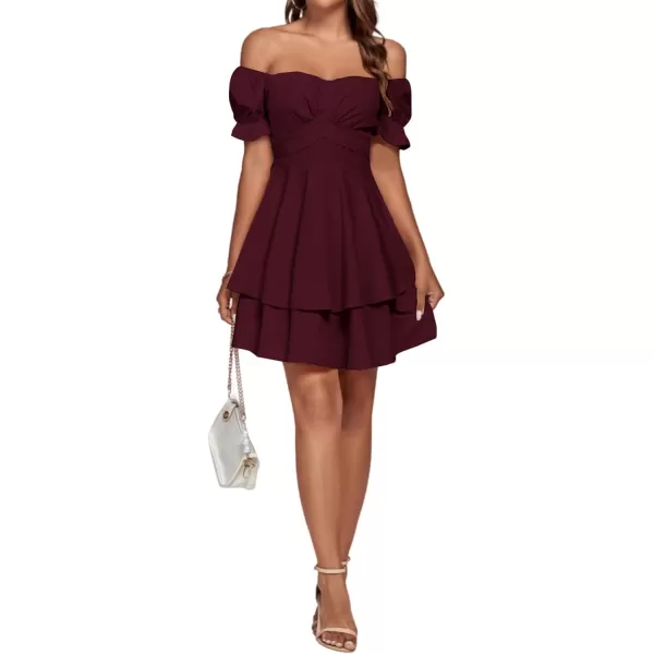 LYANER Women's Tie Back Off Shoulder Wrap Layer Ruffle Short Sleeve Mini Dress