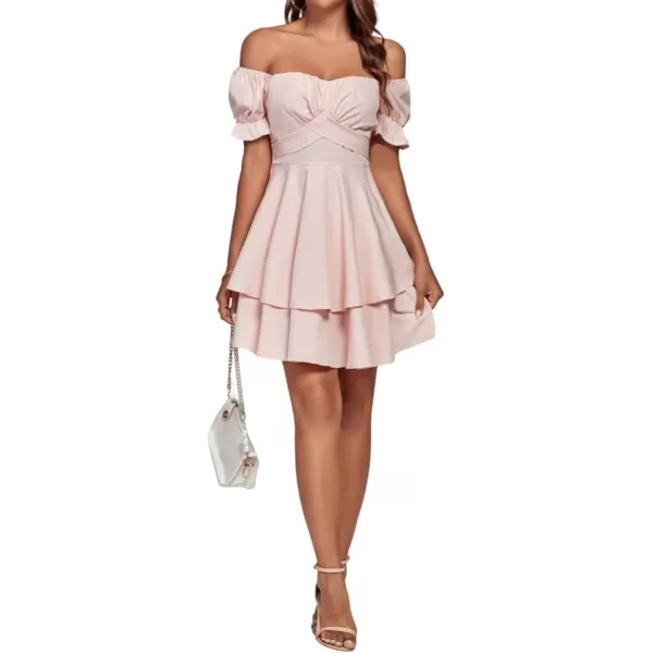 LYANER Women's Tie Back Off Shoulder Wrap Layer Ruffle Short Sleeve Mini Dress