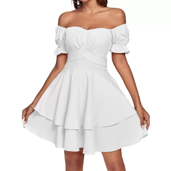 LYANER Women's Tie Back Off Shoulder Wrap Layer Ruffle Short Sleeve Mini Dress