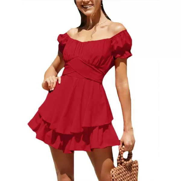 LYANER Women's Tie Back Off Shoulder Wrap Layer Ruffle Short Sleeve Mini Dress