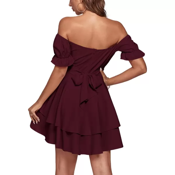 LYANER Women's Tie Back Off Shoulder Wrap Layer Ruffle Short Sleeve Mini Dress