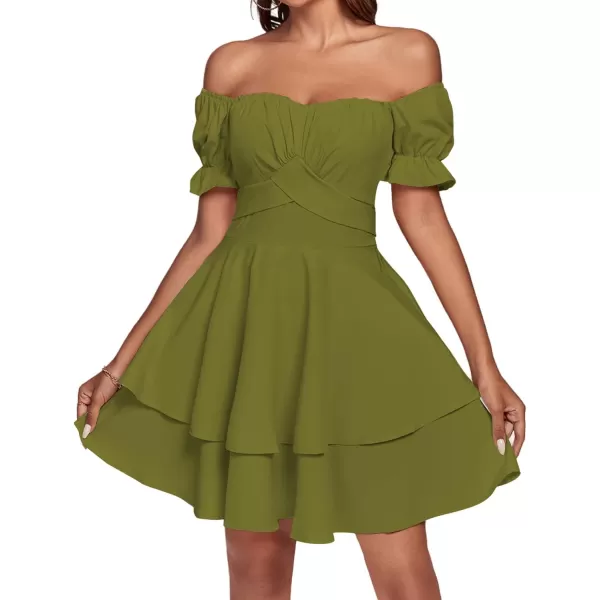 LYANER Women's Tie Back Off Shoulder Wrap Layer Ruffle Short Sleeve Mini Dress