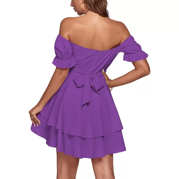 LYANER Women's Tie Back Off Shoulder Wrap Layer Ruffle Short Sleeve Mini Dress