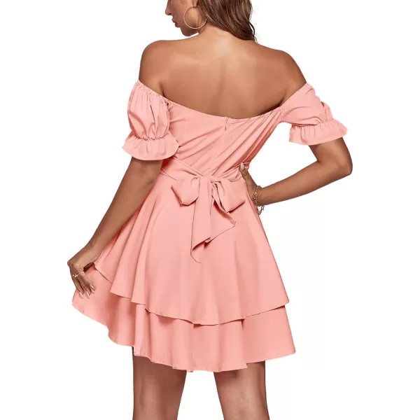 LYANER Women's Tie Back Off Shoulder Wrap Layer Ruffle Short Sleeve Mini Dress