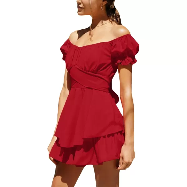 LYANER Women's Tie Back Off Shoulder Wrap Layer Ruffle Short Sleeve Mini Dress