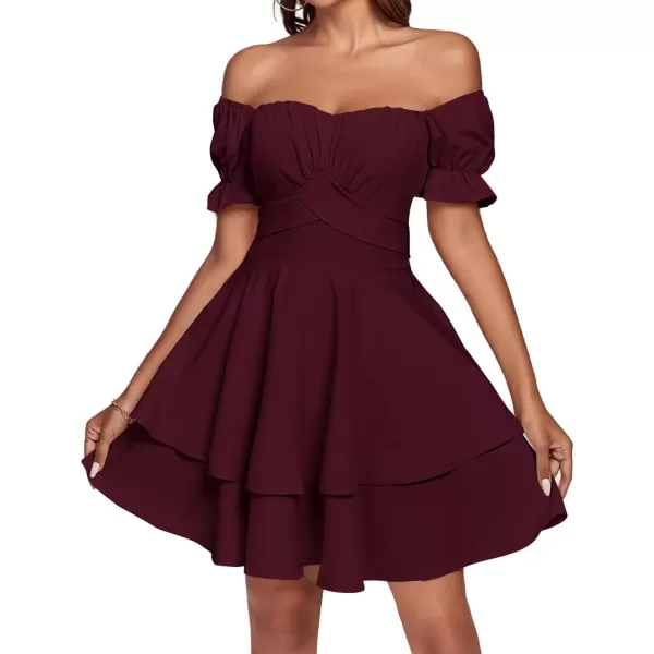 LYANER Women's Tie Back Off Shoulder Wrap Layer Ruffle Short Sleeve Mini Dress