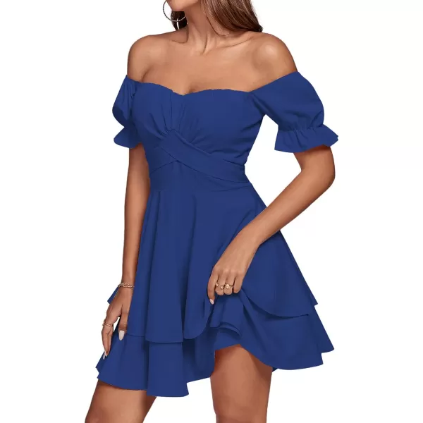 LYANER Women's Tie Back Off Shoulder Wrap Layer Ruffle Short Sleeve Mini Dress