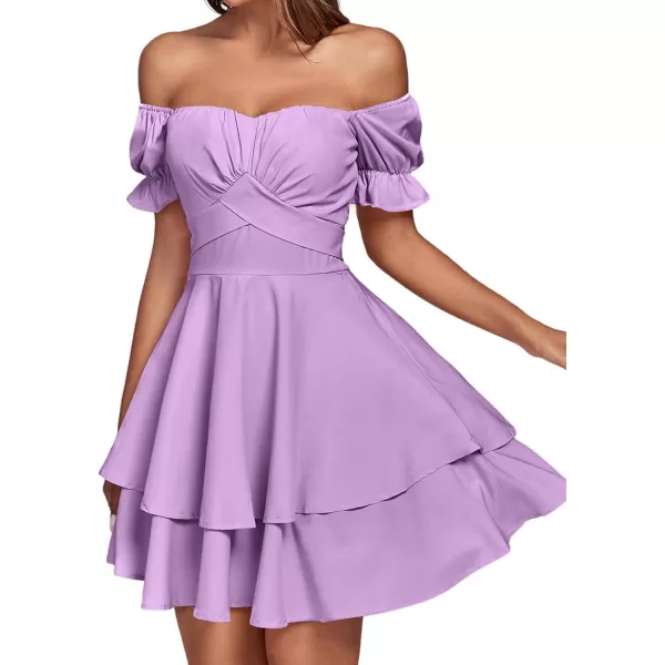 LYANER Women's Tie Back Off Shoulder Wrap Layer Ruffle Short Sleeve Mini Dress