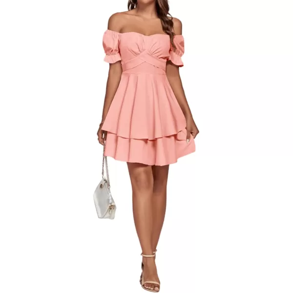 LYANER Women's Tie Back Off Shoulder Wrap Layer Ruffle Short Sleeve Mini Dress