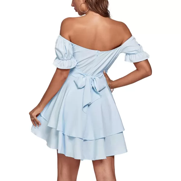 LYANER Women's Tie Back Off Shoulder Wrap Layer Ruffle Short Sleeve Mini Dress