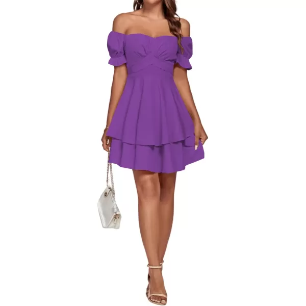 LYANER Women's Tie Back Off Shoulder Wrap Layer Ruffle Short Sleeve Mini Dress