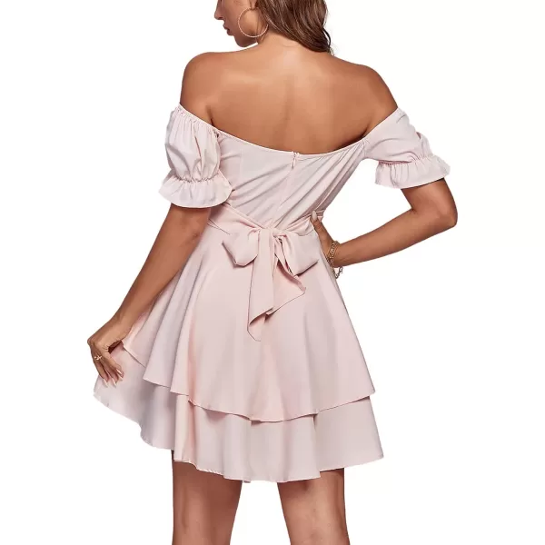 LYANER Women's Tie Back Off Shoulder Wrap Layer Ruffle Short Sleeve Mini Dress