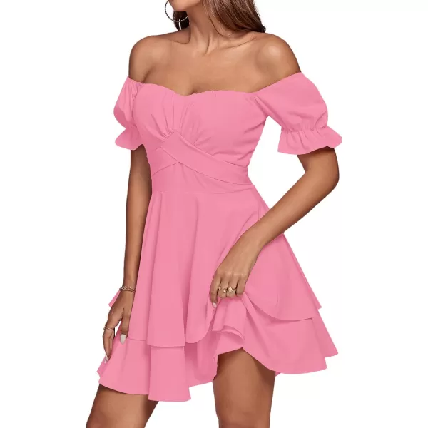 LYANER Women's Tie Back Off Shoulder Wrap Layer Ruffle Short Sleeve Mini Dress