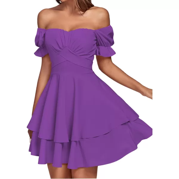 LYANER Women's Tie Back Off Shoulder Wrap Layer Ruffle Short Sleeve Mini Dress