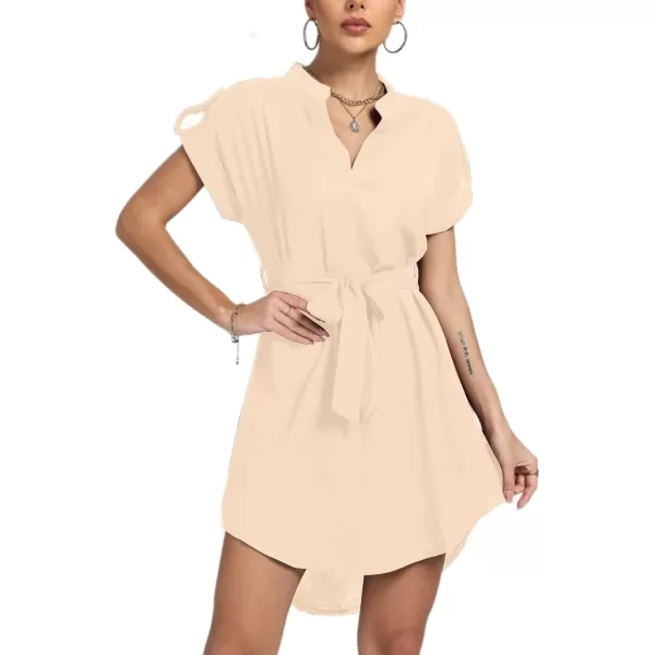 LYANER Women's V Neck Belted High Low Roll Short Sleeve Office Tunic Mini Dress