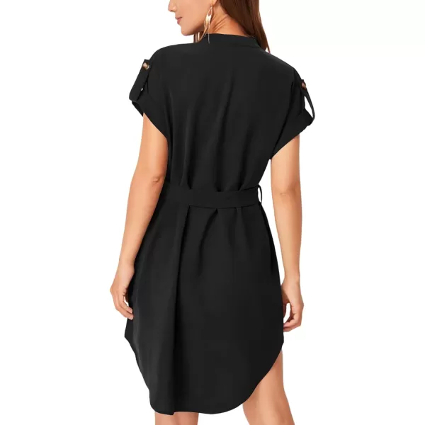 LYANER Women's V Neck Belted High Low Roll Short Sleeve Office Tunic Mini Dress