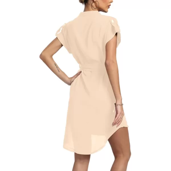 LYANER Women's V Neck Belted High Low Roll Short Sleeve Office Tunic Mini Dress