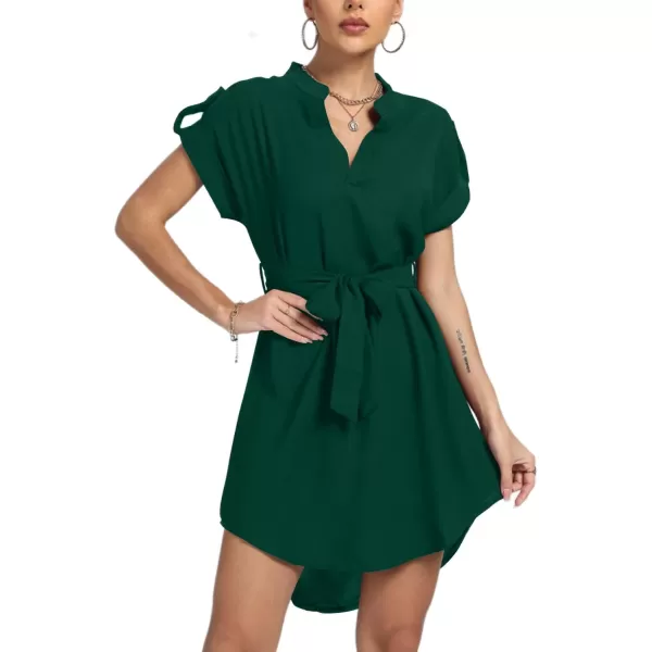 LYANER Women's V Neck Belted High Low Roll Short Sleeve Office Tunic Mini Dress
