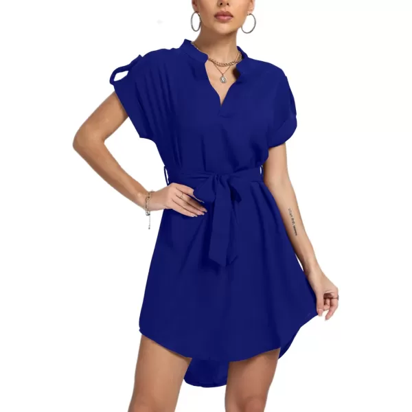 LYANER Women's V Neck Belted High Low Roll Short Sleeve Office Tunic Mini Dress