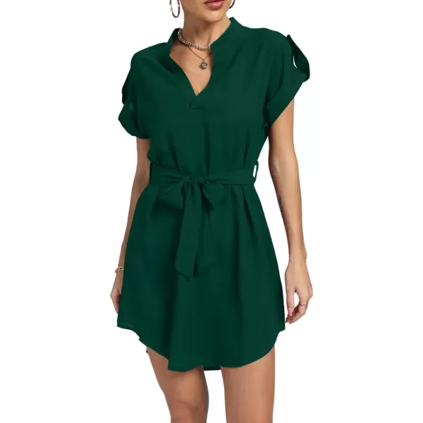 LYANER Women's V Neck Belted High Low Roll Short Sleeve Office Tunic Mini Dress