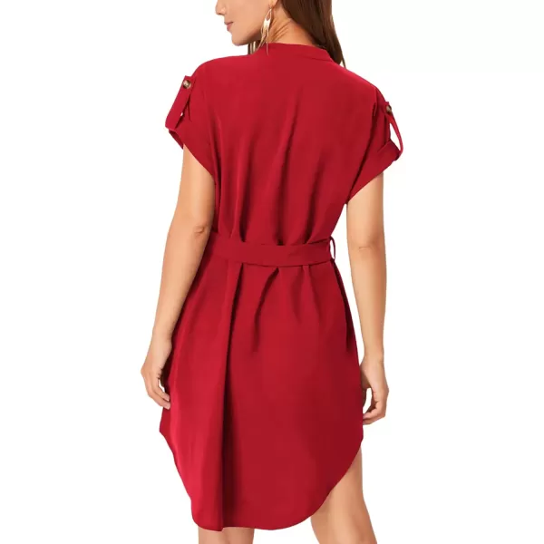 LYANER Women's V Neck Belted High Low Roll Short Sleeve Office Tunic Mini Dress
