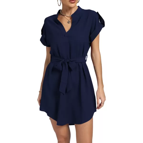 LYANER Women's V Neck Belted High Low Roll Short Sleeve Office Tunic Mini Dress