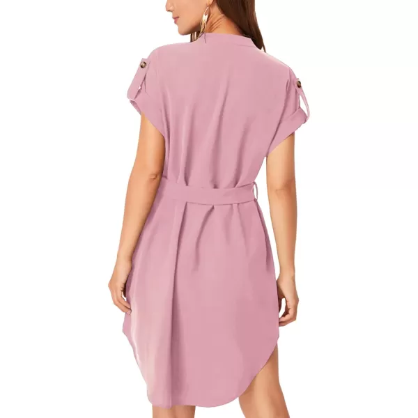 LYANER Women's V Neck Belted High Low Roll Short Sleeve Office Tunic Mini Dress