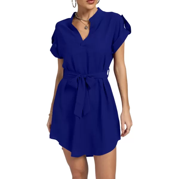 LYANER Women's V Neck Belted High Low Roll Short Sleeve Office Tunic Mini Dress