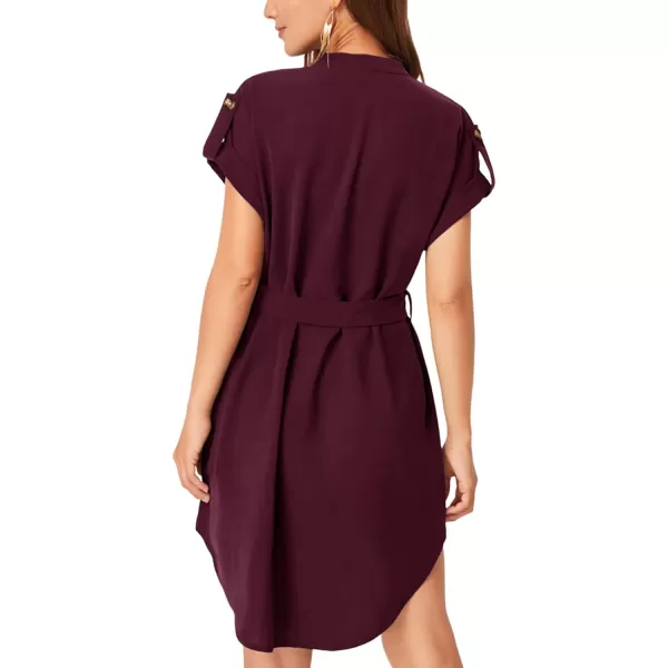 LYANER Women's V Neck Belted High Low Roll Short Sleeve Office Tunic Mini Dress
