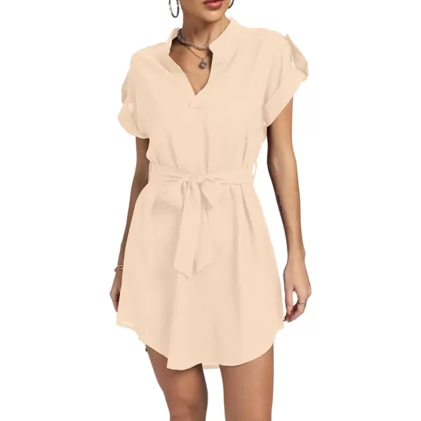 LYANER Women's V Neck Belted High Low Roll Short Sleeve Office Tunic Mini Dress
