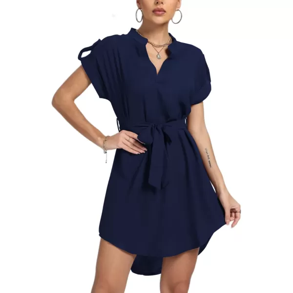 LYANER Women's V Neck Belted High Low Roll Short Sleeve Office Tunic Mini Dress
